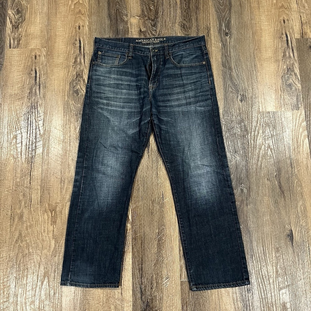 American Eagle Jeans Mens 34x30 Blue Relaxed Straight Faded Whiskers